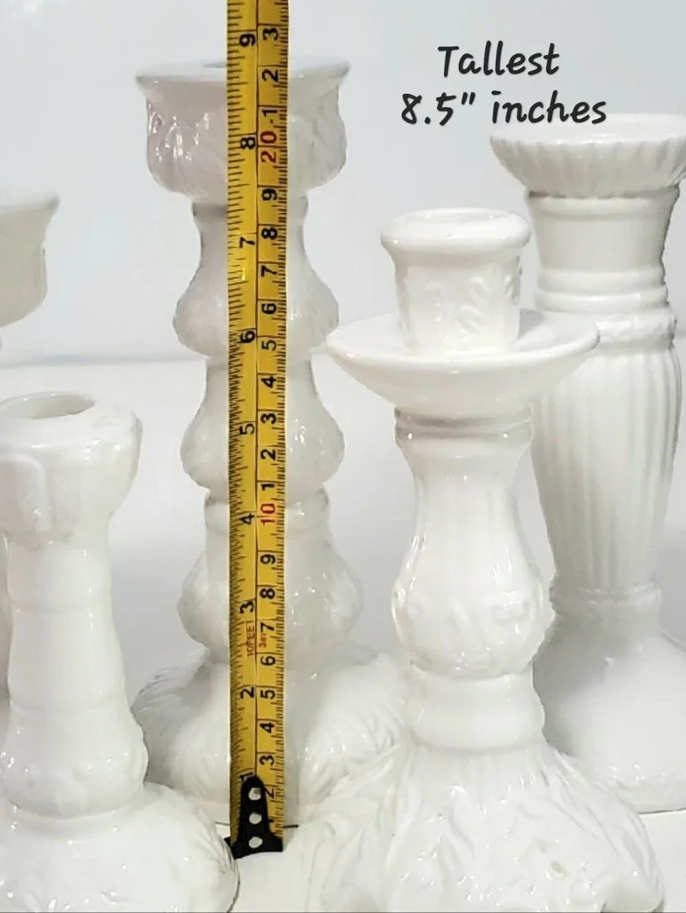 5 Pc Set White Various Design Ceramic Taper Candle Holders Varying Sizes